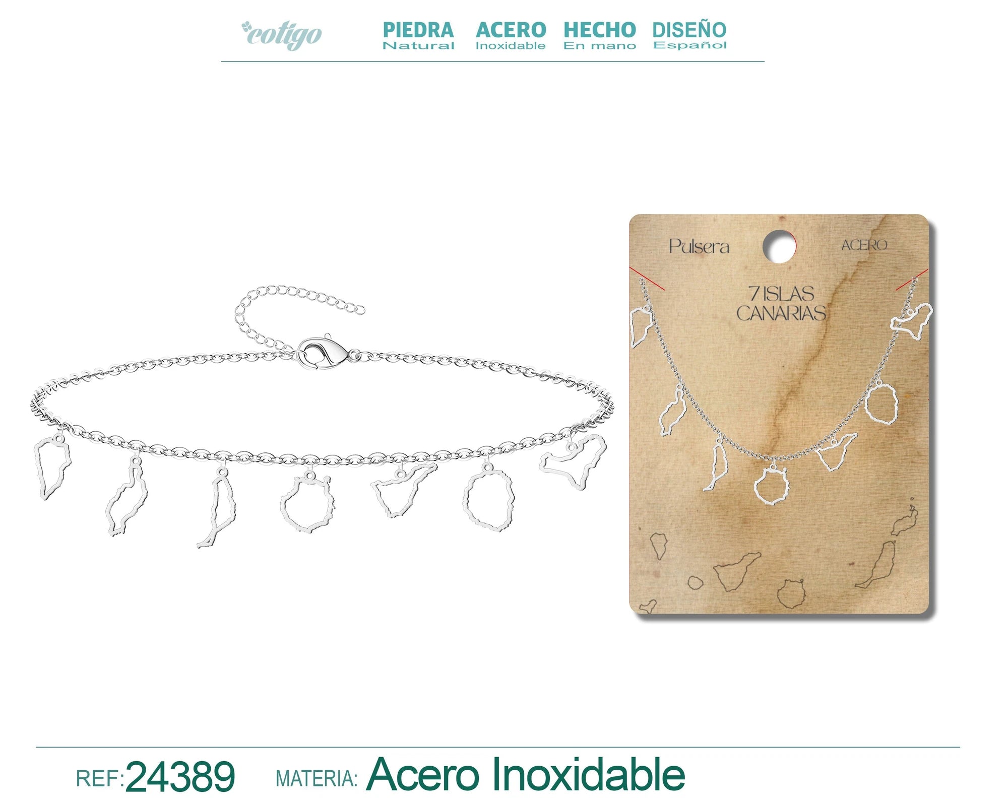 Pulsera Mapa de 7 Islas Canarias Silueta Acero Plateado acabado