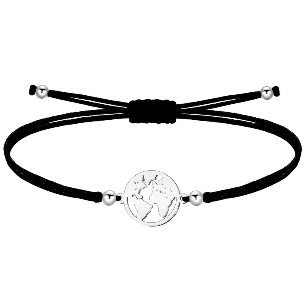 Pulsera Mapa del Mundo Hilo Negro Acero Plateado