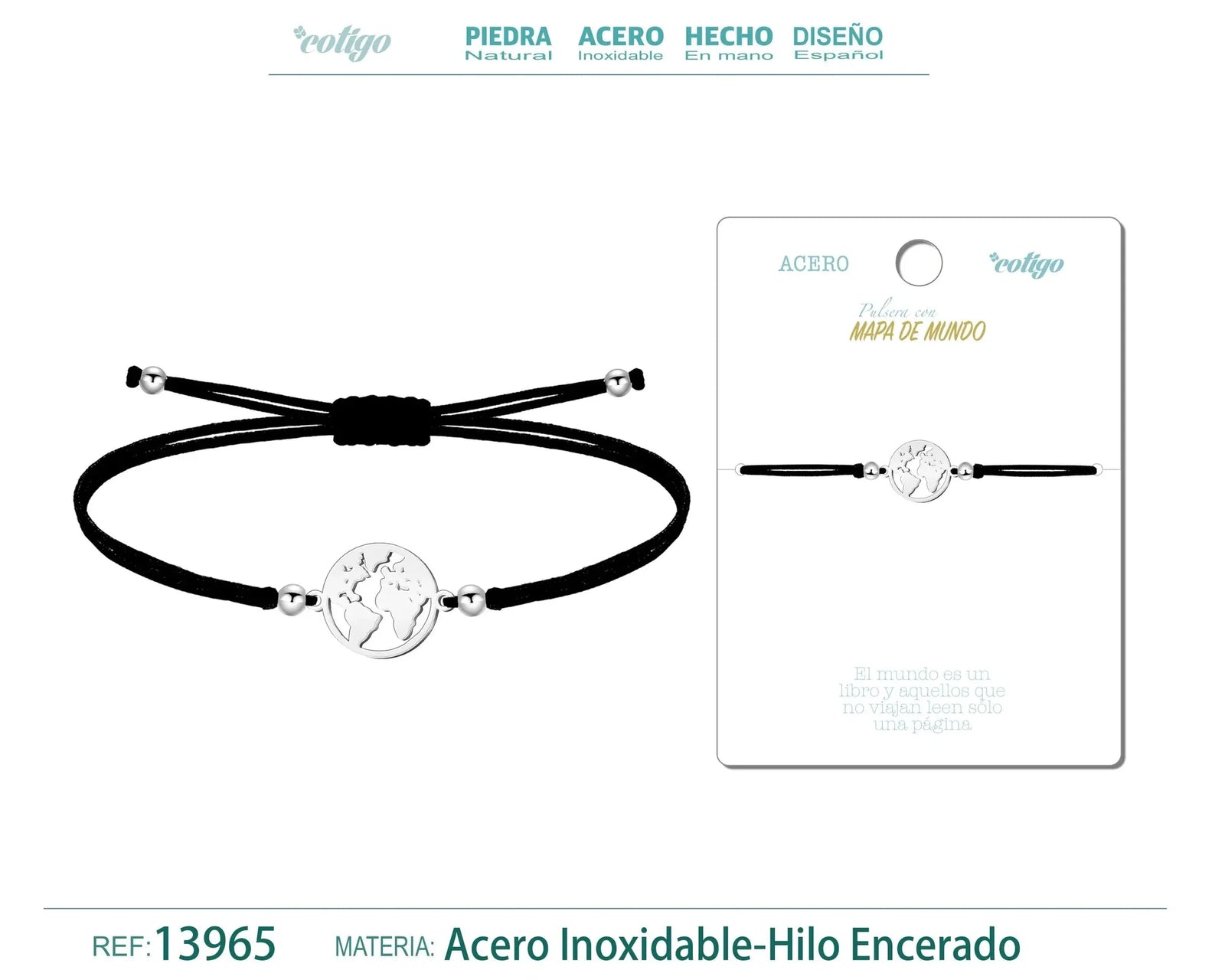 Pulsera Mapa del Mundo Hilo Negro Acero Plateado