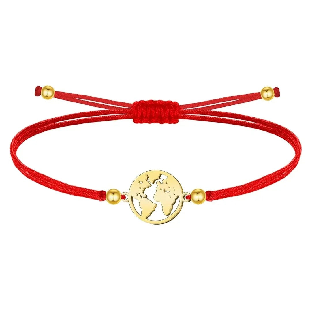 Pulsera Mapa del Mundo Hilo Rojo Acero Dorado