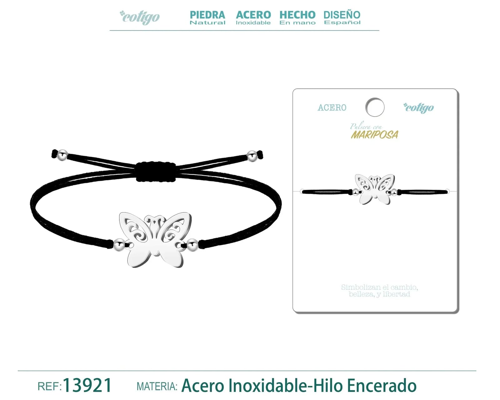 Pulsera Mariposa Hilo Negro Acero Plateado