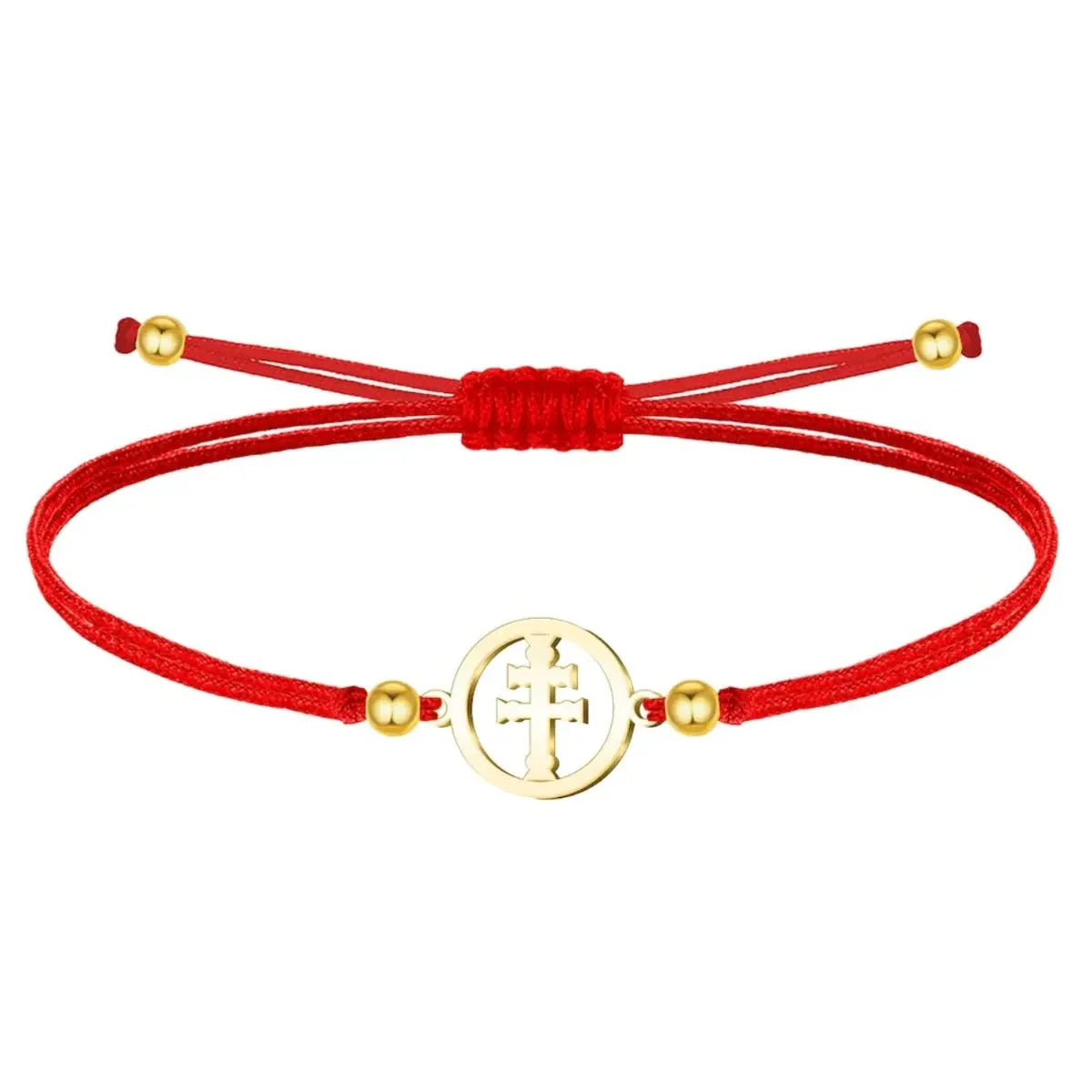 Pulsera Medalla Cruz de Caravaca con Hilo Rojo Y Acero Dorado