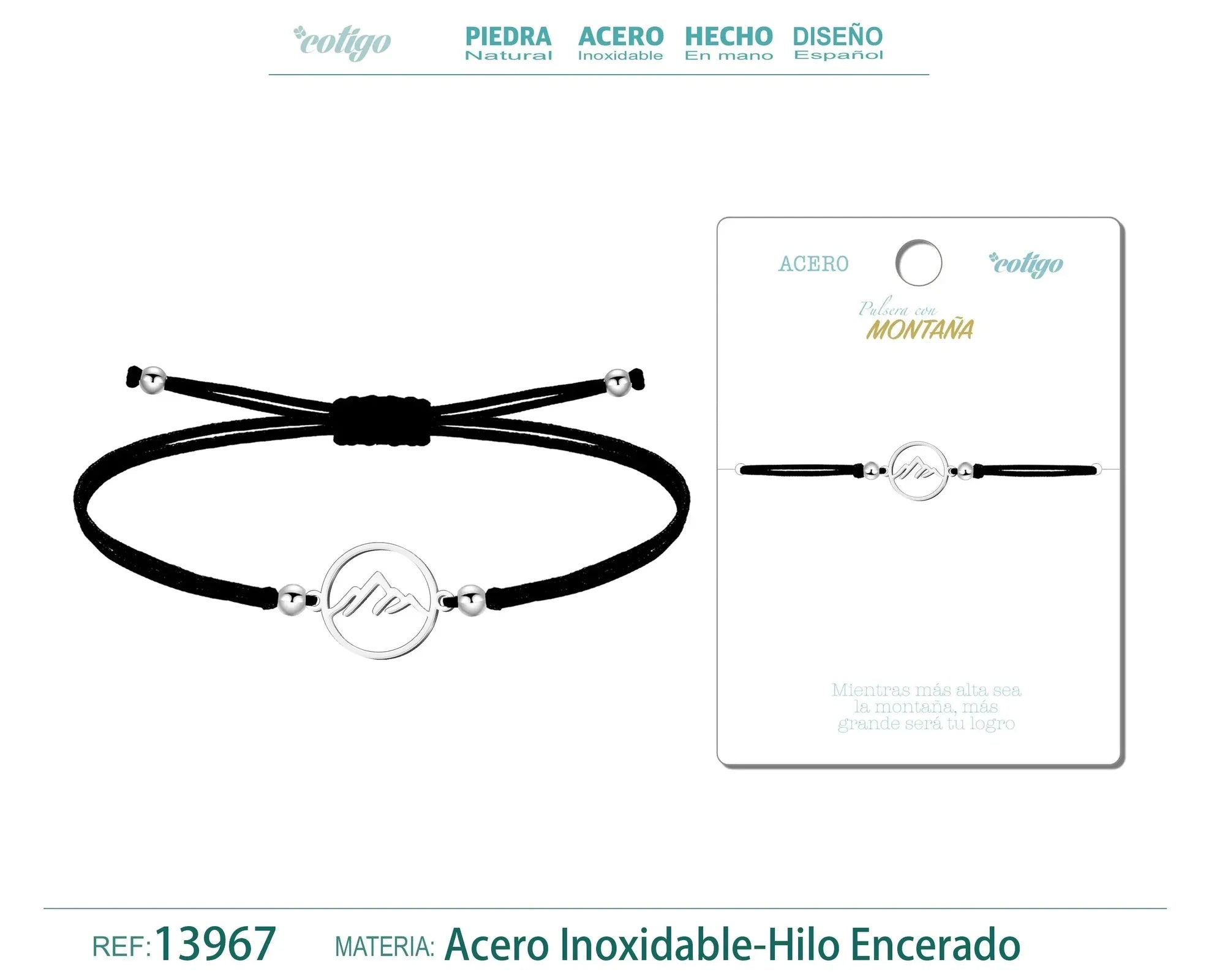 Pulsera Montaña Hilo Negro Acero Plateado