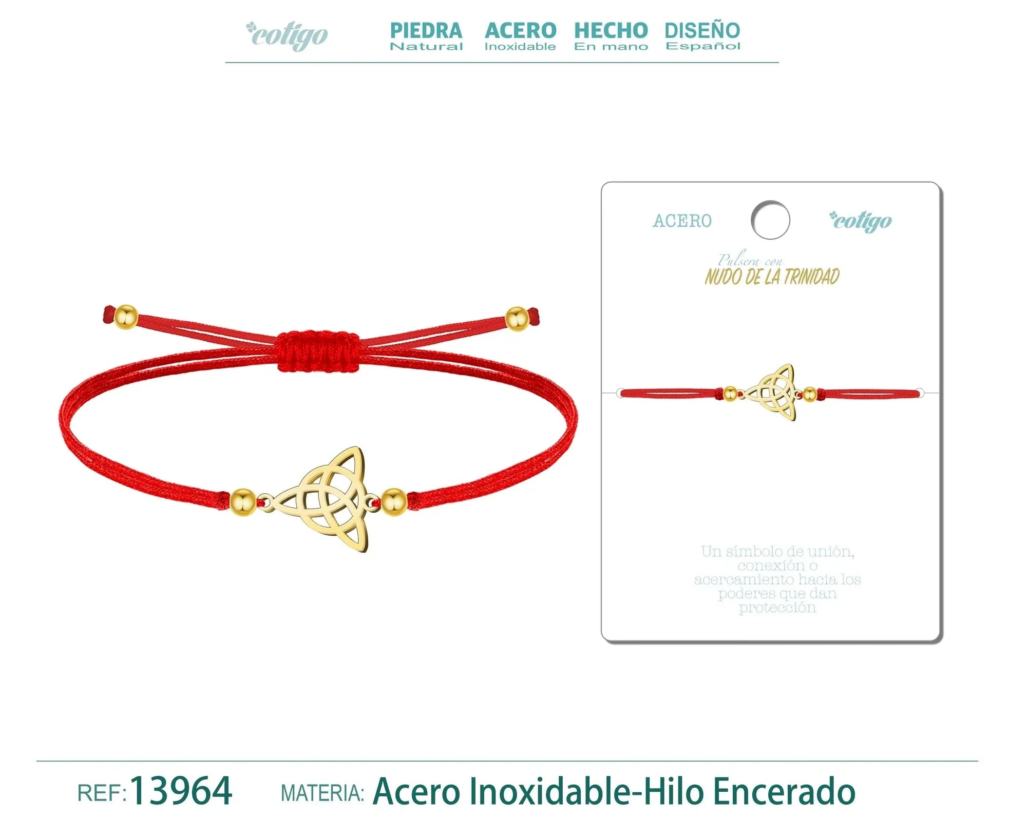 Pulsera Nudo de la Trinidad Hilo Rojo Acero Dorado