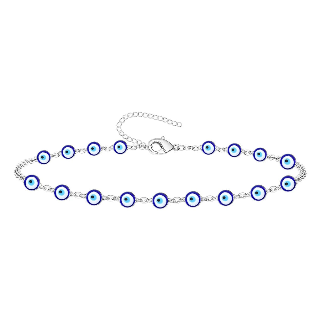 Pulsera de acero inoxidable con múltiples amuletos de ojo turco azul y cierre de mosquetón ajustable.