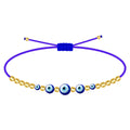 Pulsera de hilo azul ajustable con cinco amuletos de ojo turco de diferentes tamaños y cuentas doradas de acero inoxidable.