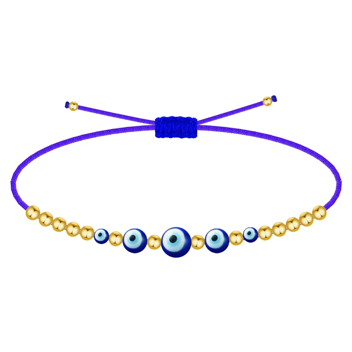 Pulsera de hilo azul ajustable con cinco amuletos de ojo turco de diferentes tamaños y cuentas doradas de acero inoxidable.