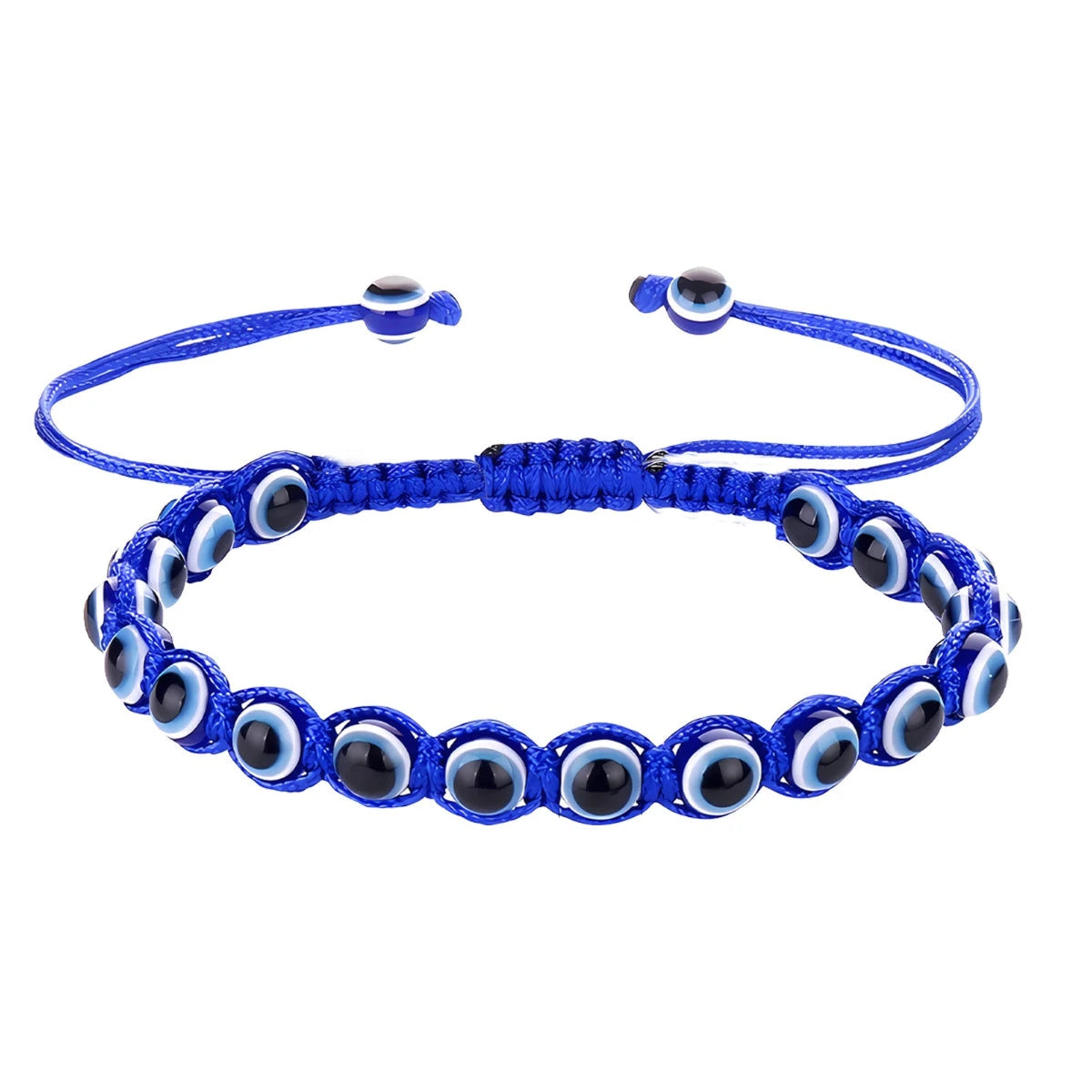 Pulsera de hilo azul trenzado con múltiples cuentas de ojo turco y cierre de nudo corredizo ajustable.