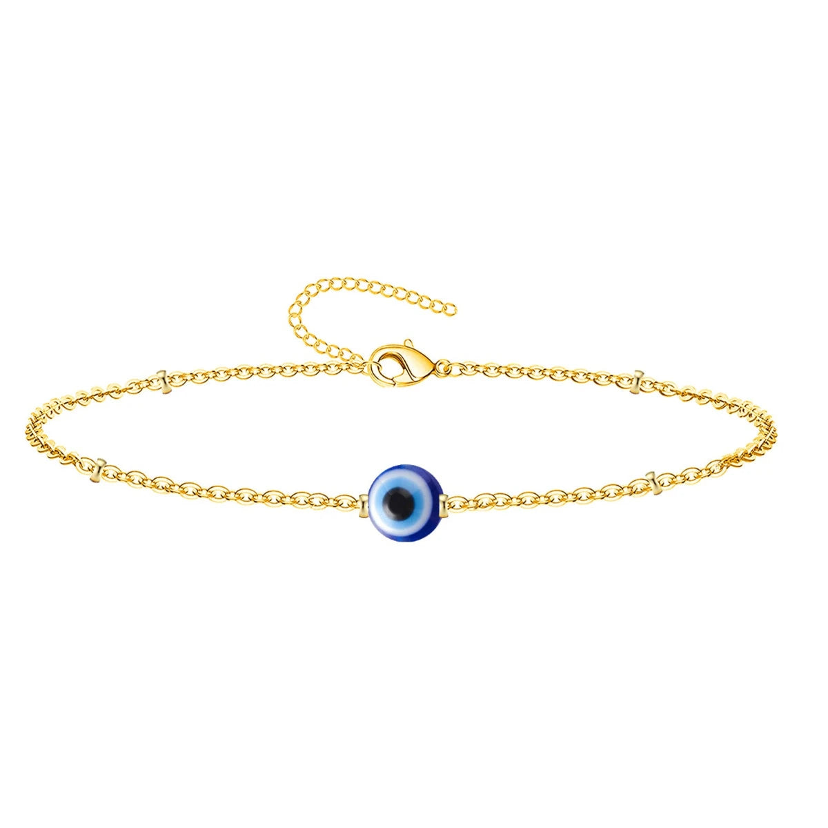 Pulsera de cadena fina dorada con colgante de ojo turco azul central y cierre de mosquetón ajustable.