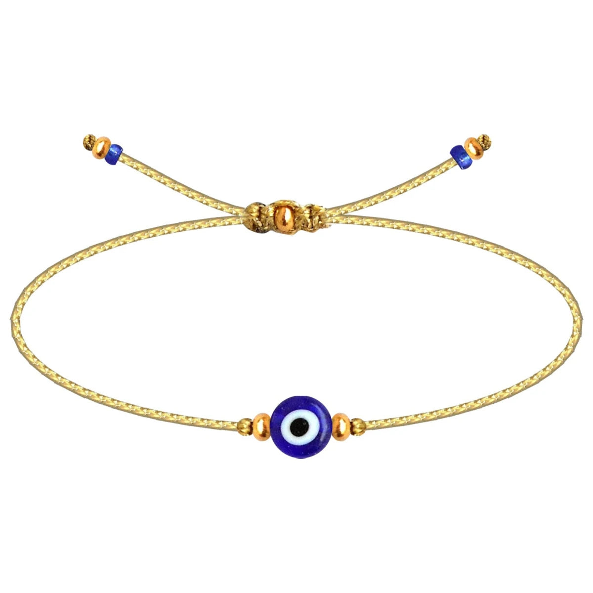 Pulsera de cordón dorado fino con amuleto central de ojo turco azul y detalles de cuentas doradas ajustables.