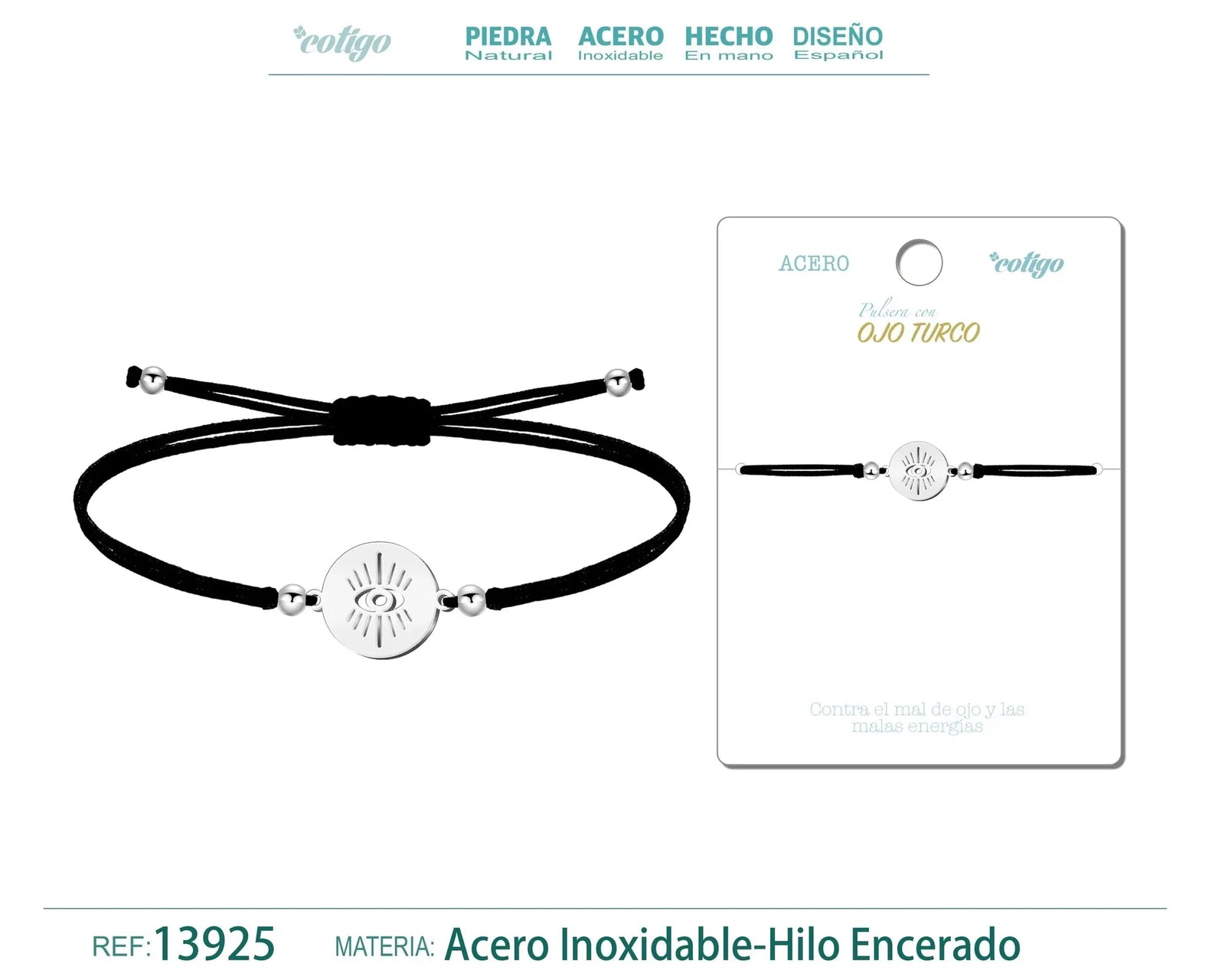 Pulsera Ojo Turco Redondo Hilo Negro Acero Plateado