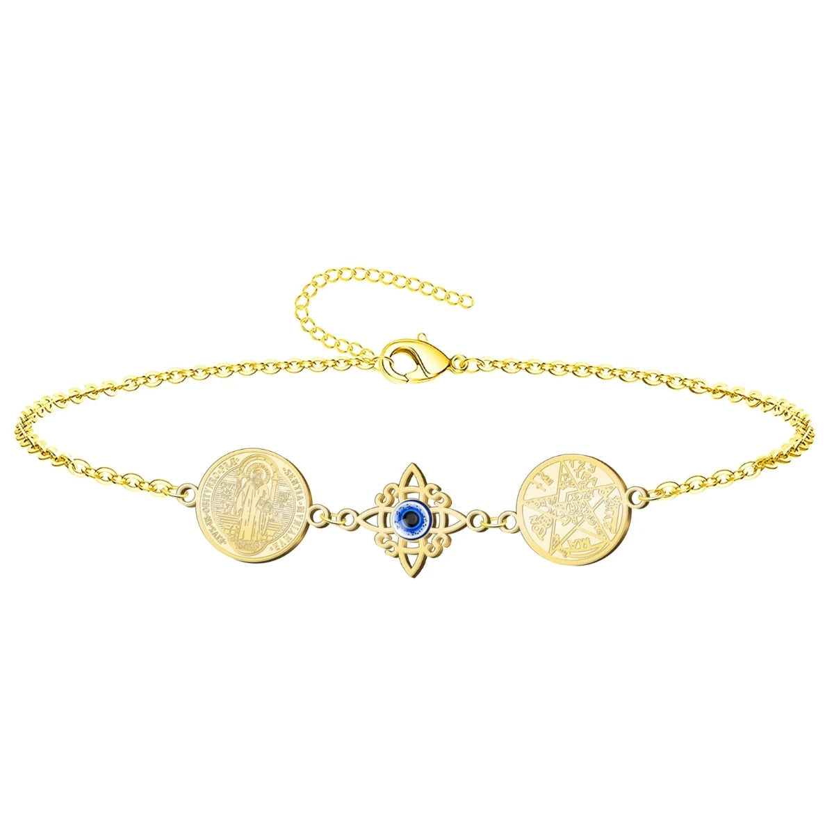 Pulsera Cuádruple Protecciones: Nudo de Bruja, San Benito, Tetragrámaton Y Ojo Turco en Acero Dorado