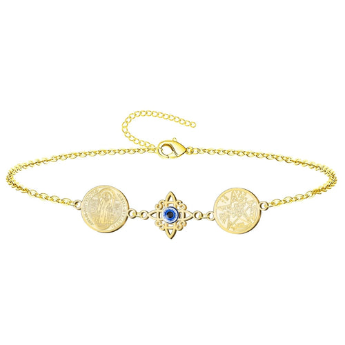 Pulsera Cuádruple Protecciones: Nudo de Bruja, San Benito, Tetragrámaton Y Ojo Turco en Acero Dorado