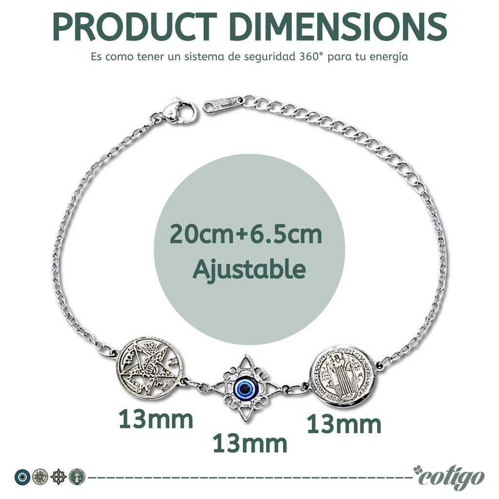 Pulsera Cuádruple Protecciones: Nudo de Bruja, San Benito, Tetragrámaton Y Ojo Turco en Acero detalle