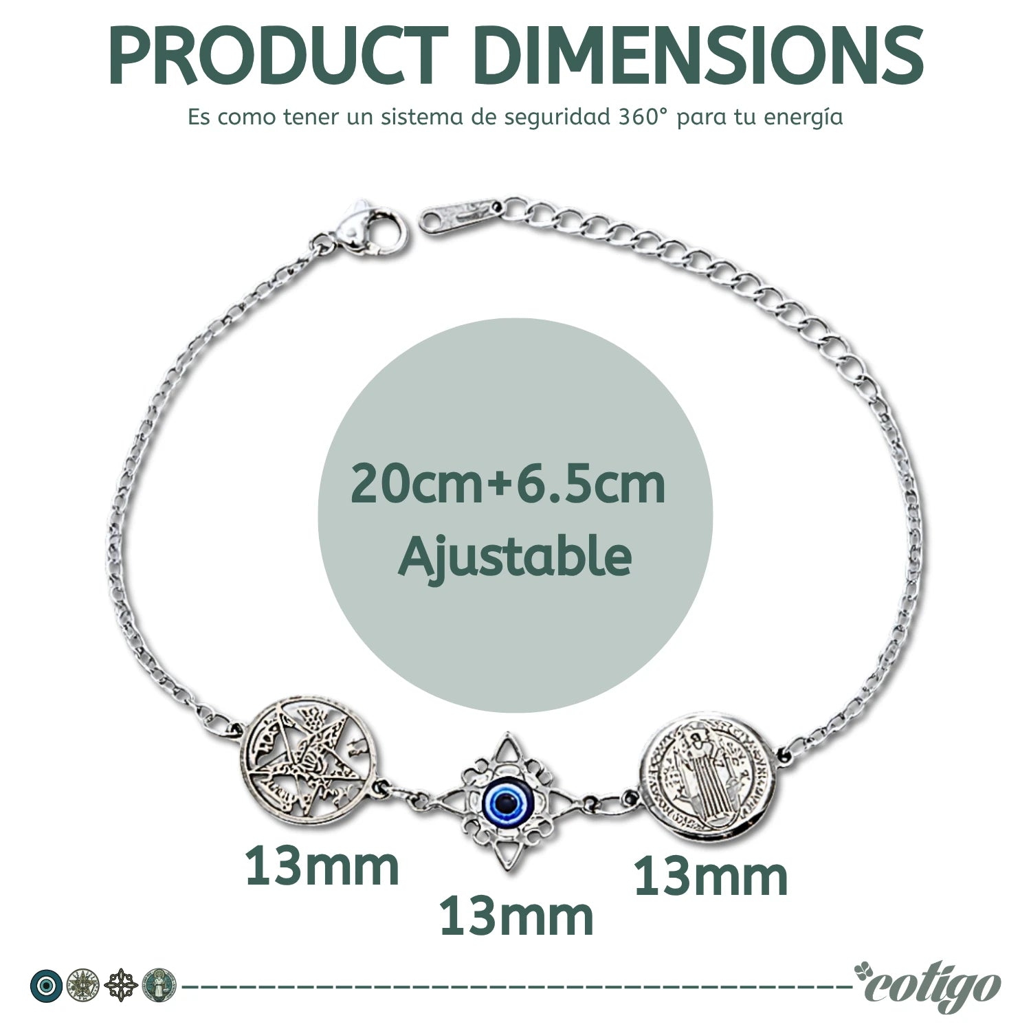 Pulsera Cuádruple Protecciones: Nudo de Bruja, San Benito, Tetragrámaton Y Ojo Turco en Acero detalle