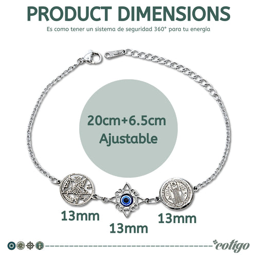 Pulsera Cuádruple Protecciones: Nudo de Bruja, San Benito, Tetragrámaton Y Ojo Turco en Acero detalle