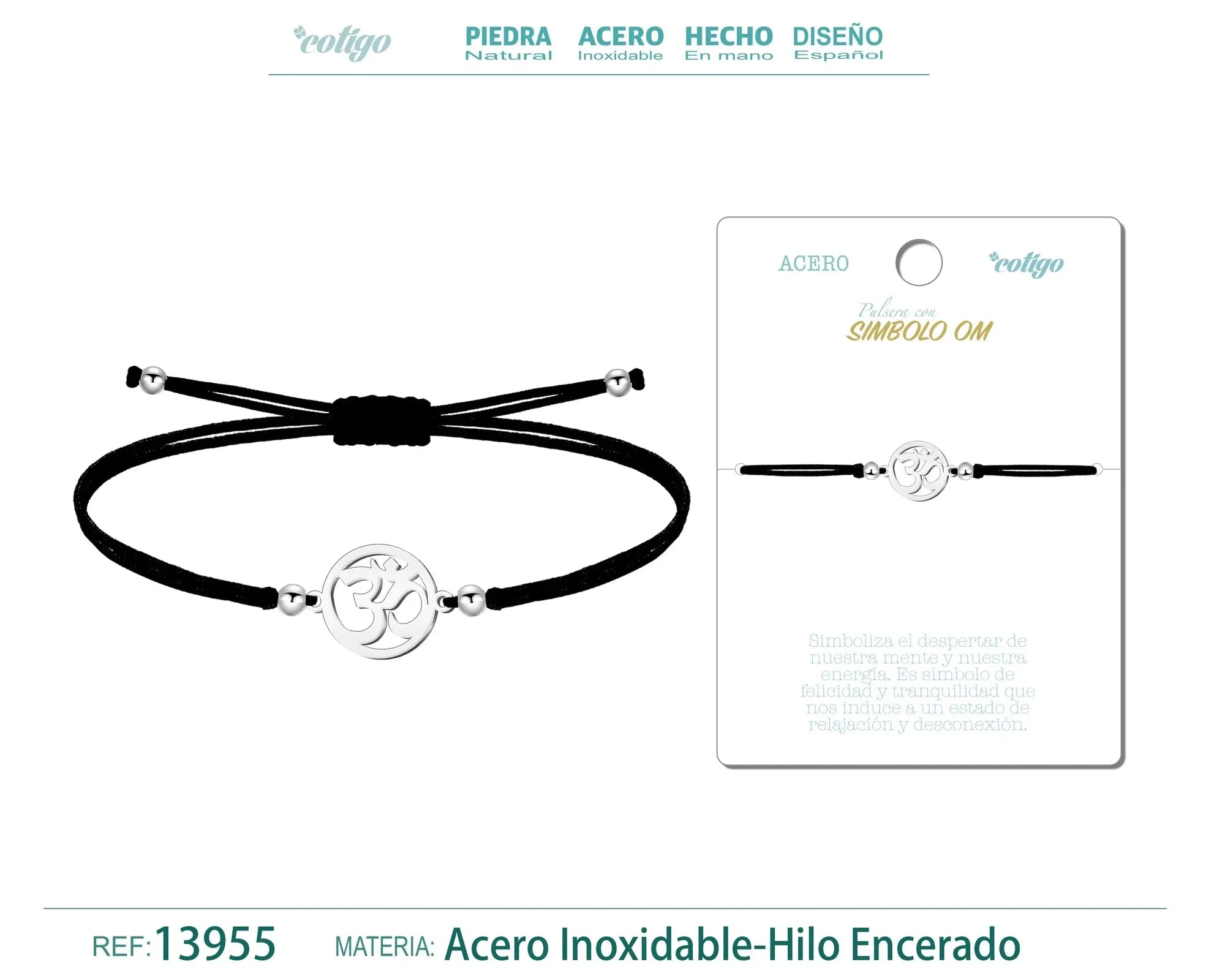 Pulsera Símbolo Om Hilo Negro Acero Plateado