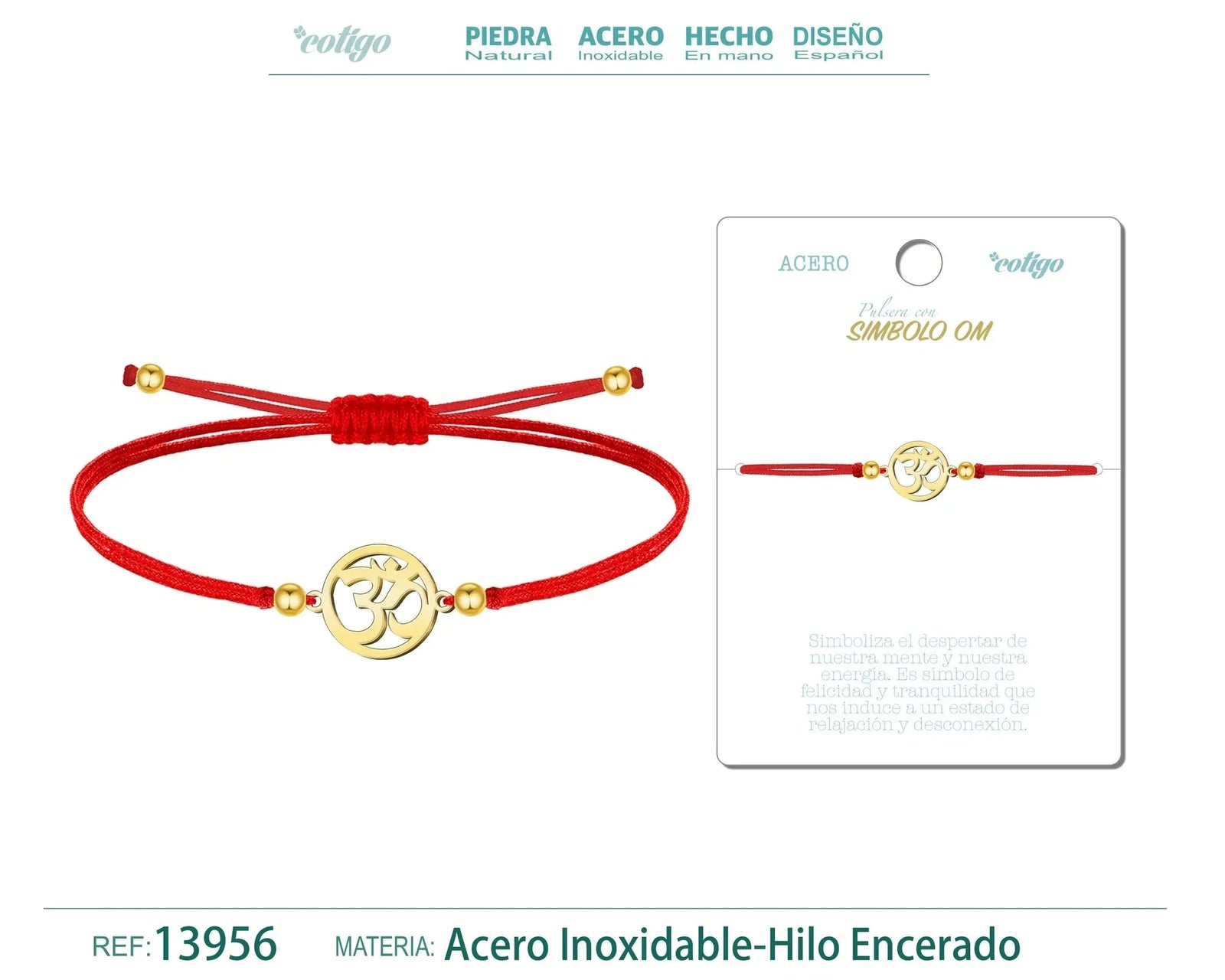 Pulsera Símbolo Om Hilo Rojo Acero Dorado