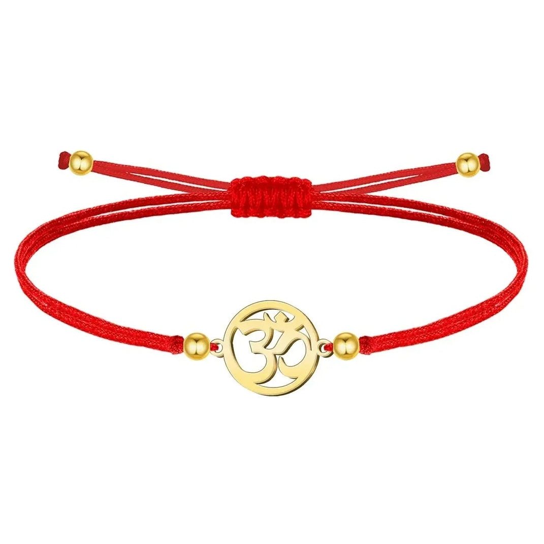 Pulsera Símbolo Om Hilo Rojo Acero Dorado
