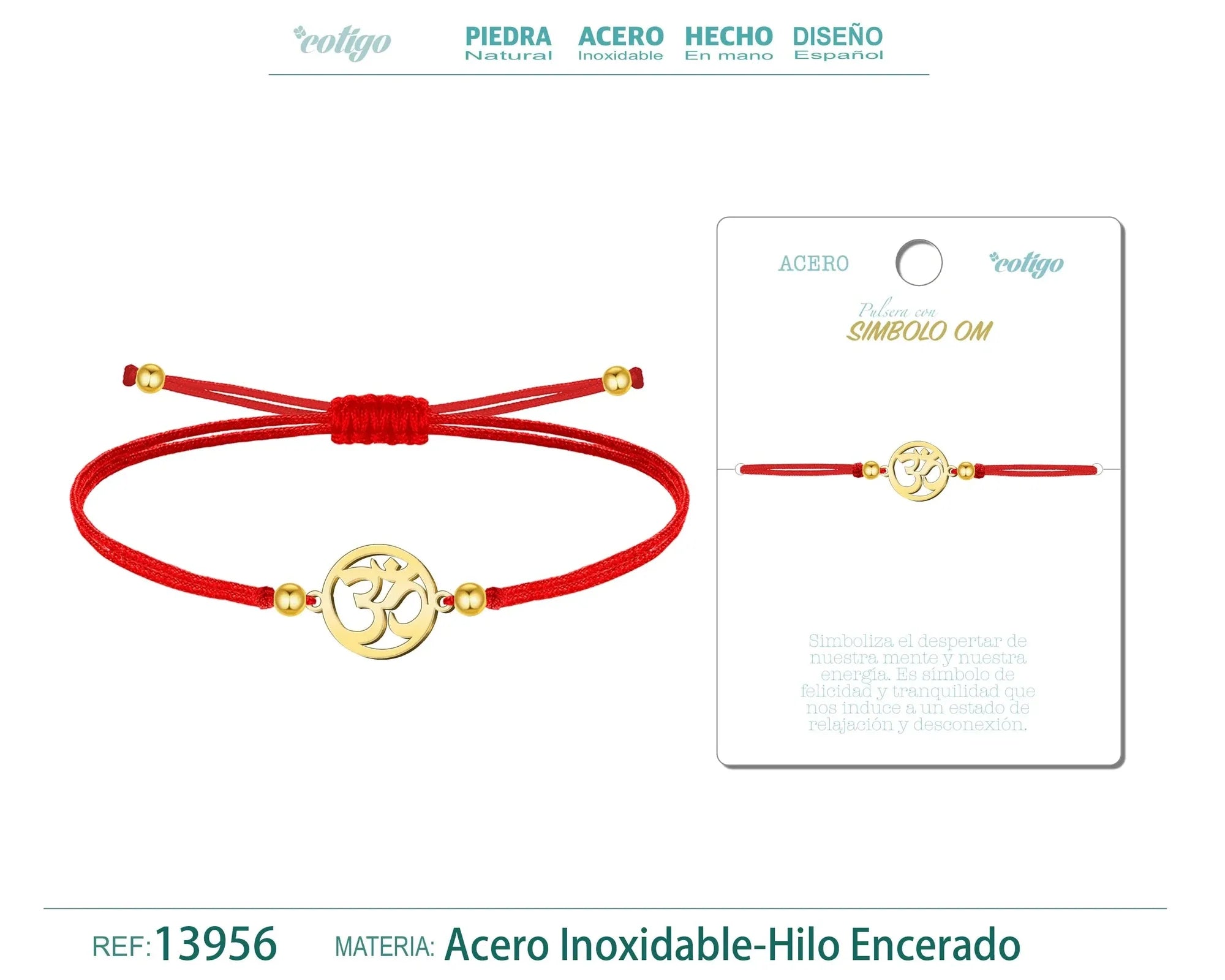 Pulsera Símbolo Om Hilo Rojo Acero Dorado