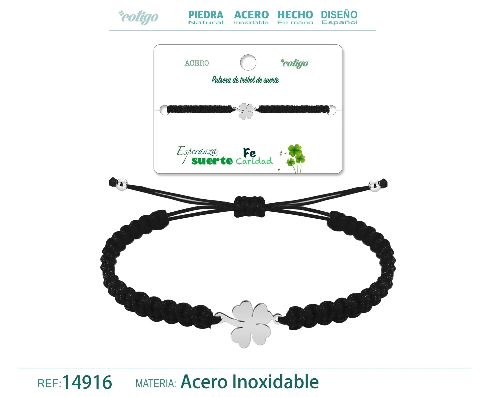 Pulsera Trébol de Cuatro Hojas Hilo Trenzado Negro Acero Plateado