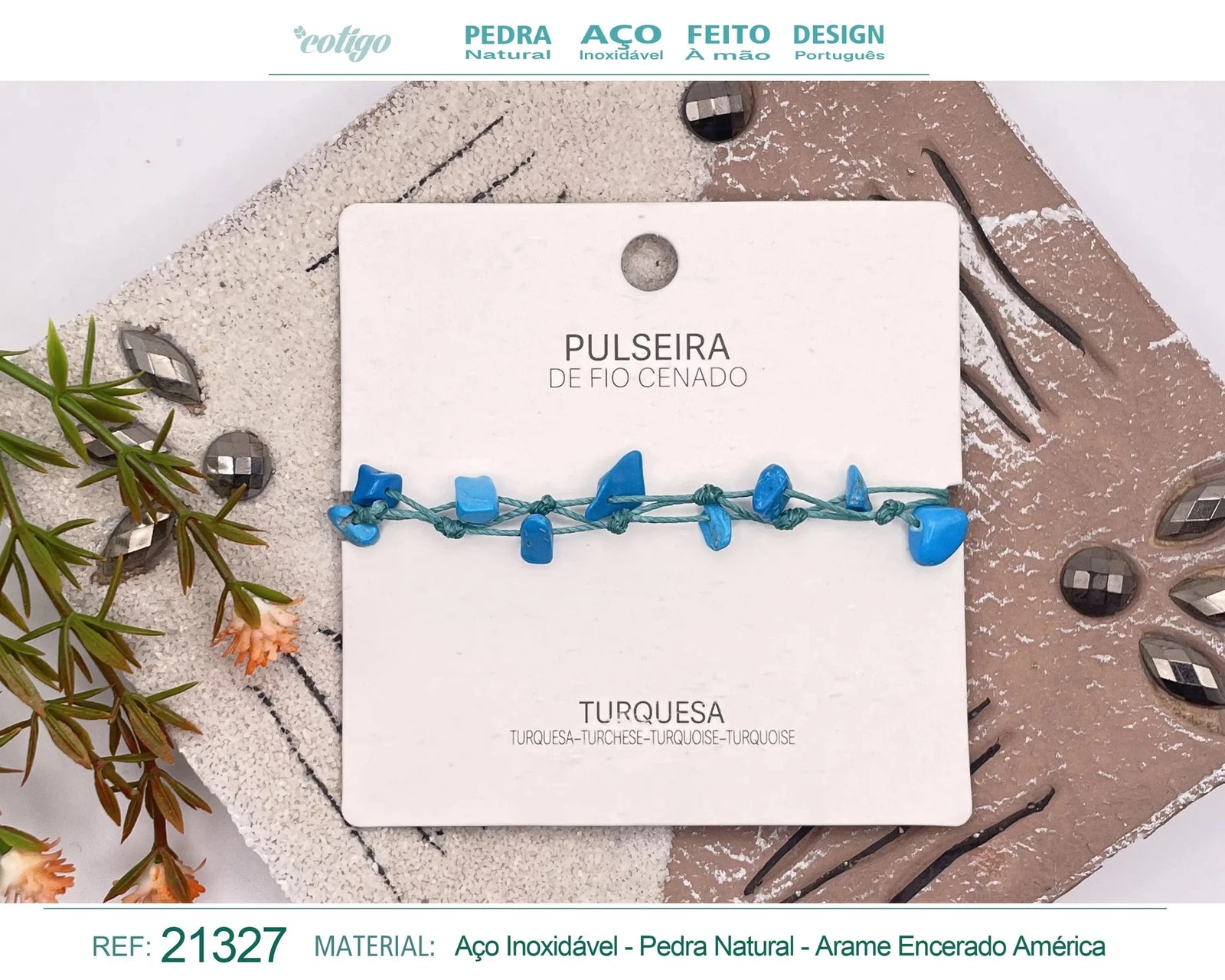 Pulsera de Turquesa con Hilo Encerado Irregular acabado