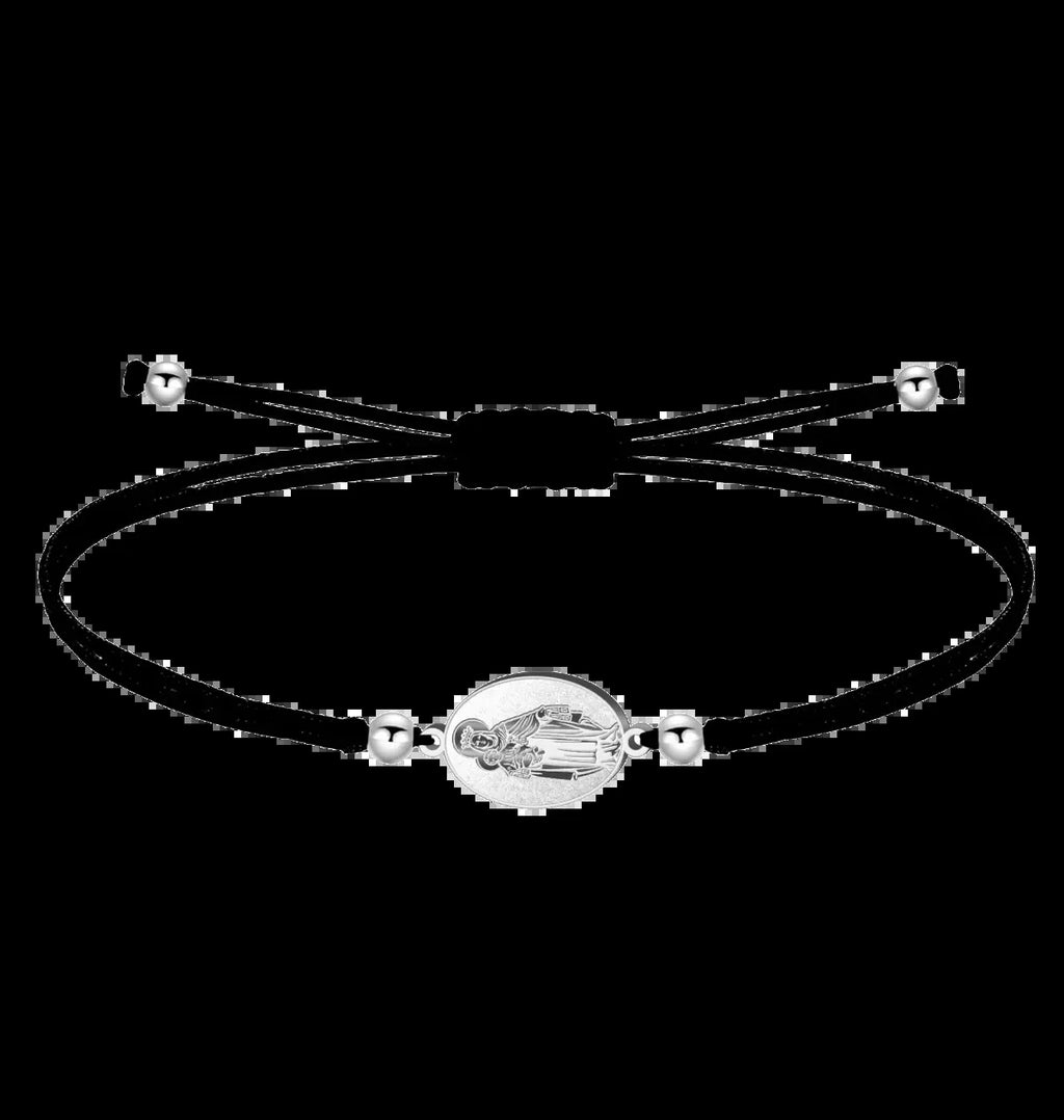 Pulsera de hilo negro encerado con medalla virgen del carmen acero plateado amuleto protección marineros y conductores