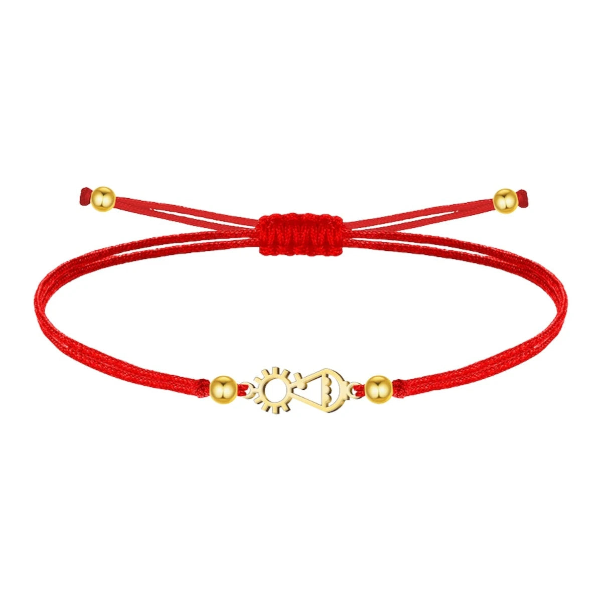 Pulsera de hilo rojo ajustable con silueta de la Virgen de Covadonga en acero dorado