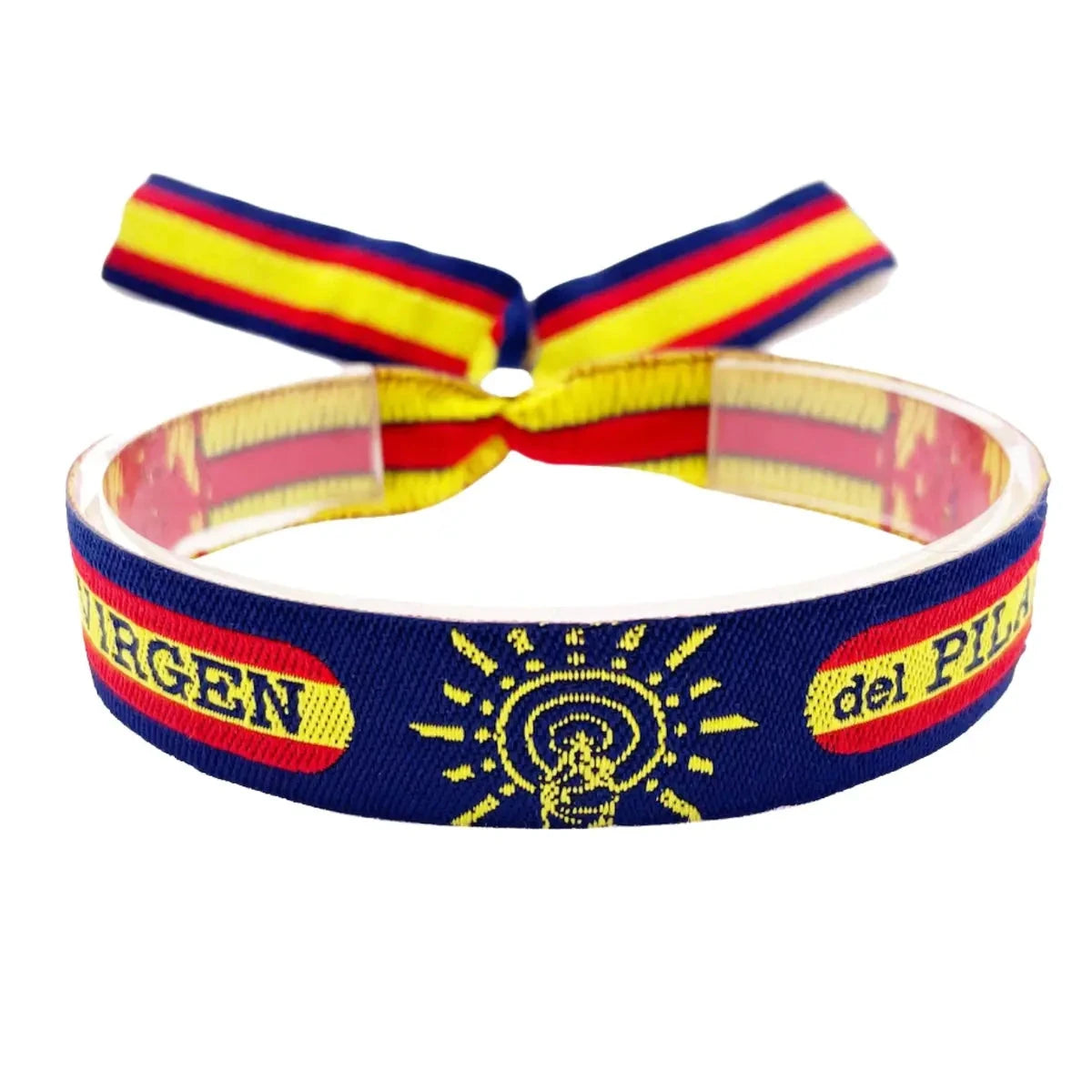 Pulsera de tela azul oscuro estilo Policía Nacional con la Virgen del Pilar y bandera de España bordada. Ajustable con nudos.