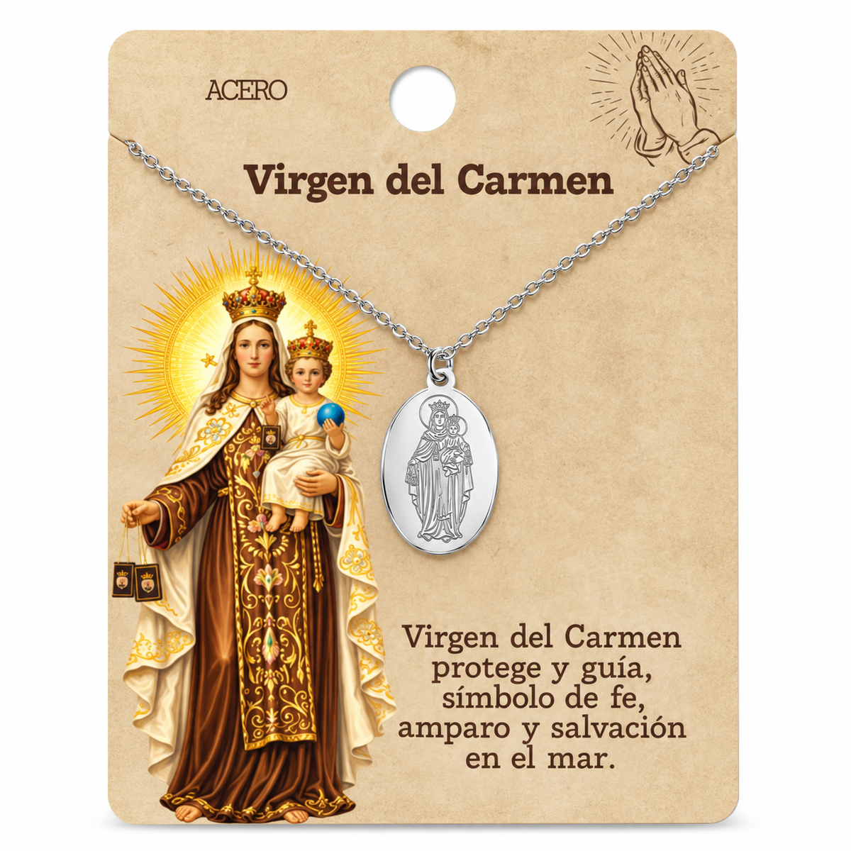 Collar Virgen del Carmen, tono plateado, referencia 25710, presentación en tarjeta