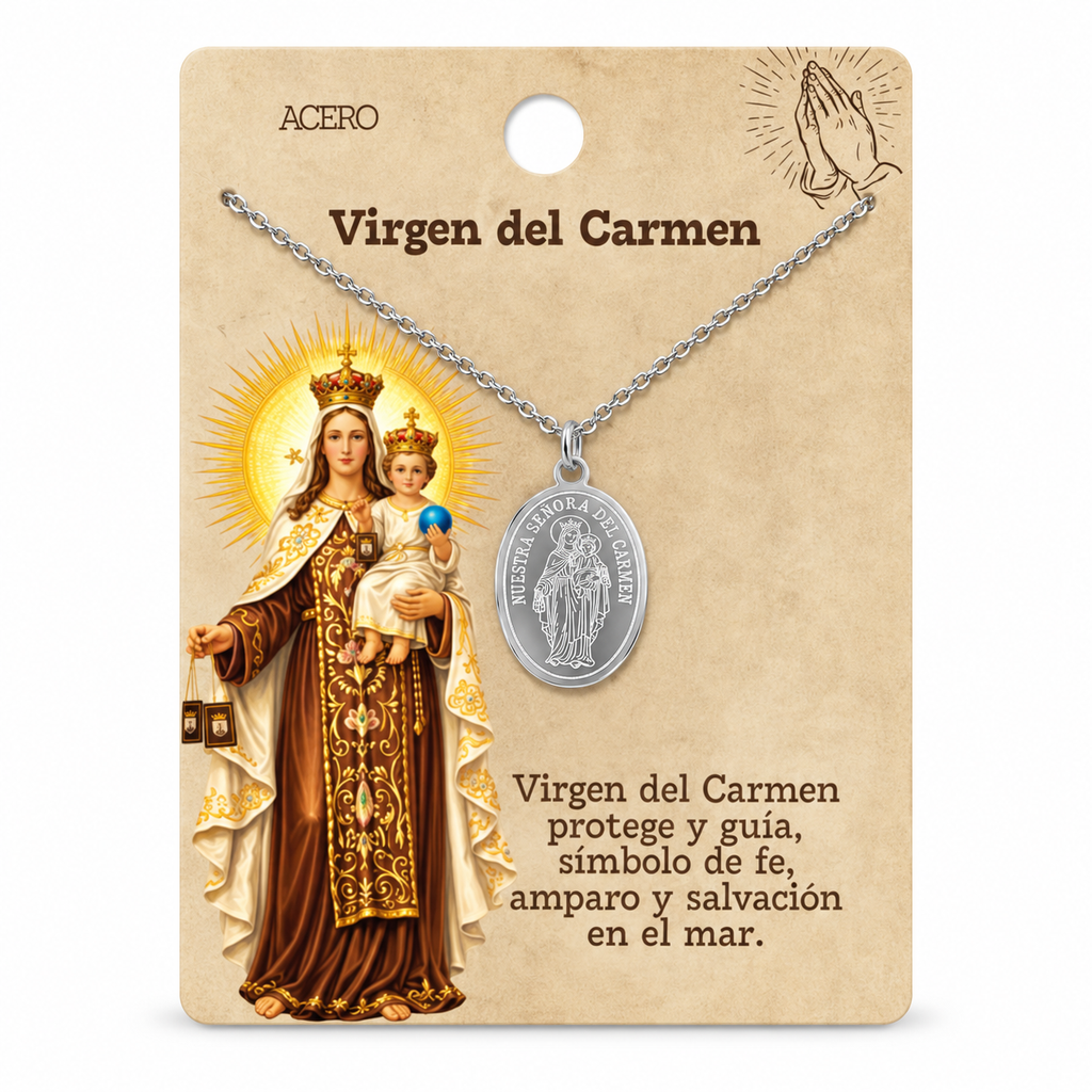 Collar Virgen del Carmen, tono plateado, referencia 25712, presentación en tarjeta