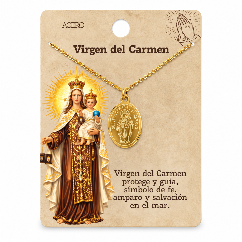 Collar Virgen del Carmen, tono dorado, referencia 25715, presentación en tarjeta