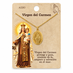 Collar Virgen del Carmen, tono dorado, referencia 25715, presentación en tarjeta