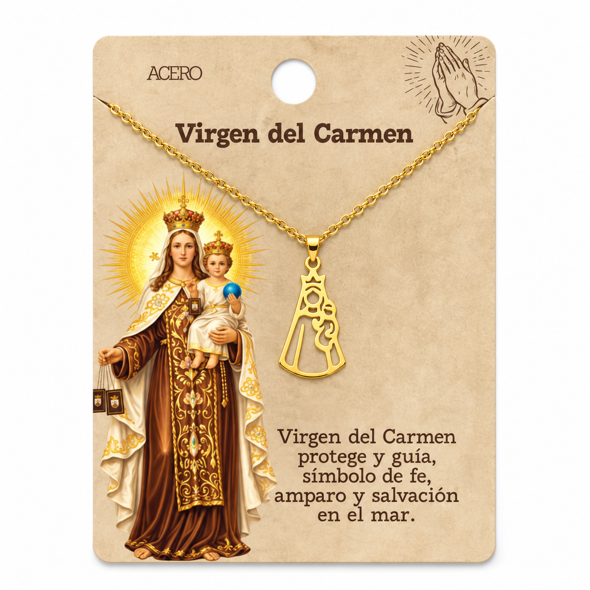 Collar Virgen del Carmen, tono dorado, referencia 25717, presentación en tarjeta
