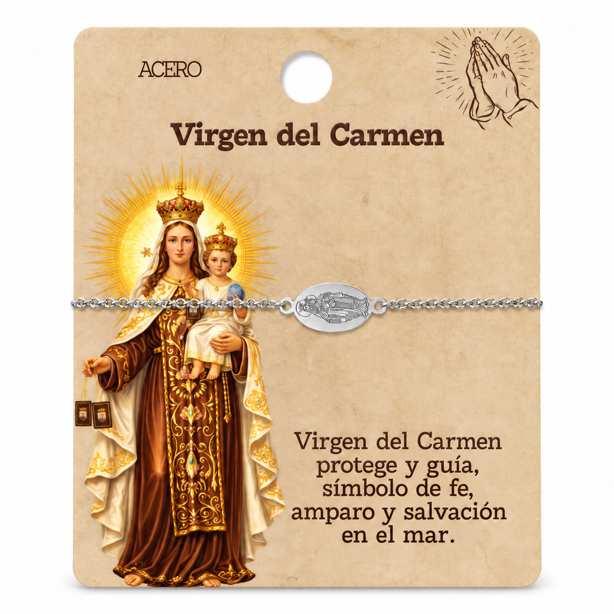 Pulsera Virgen del Carmen, tono plateado, referencia 25718, presentación en tarjeta