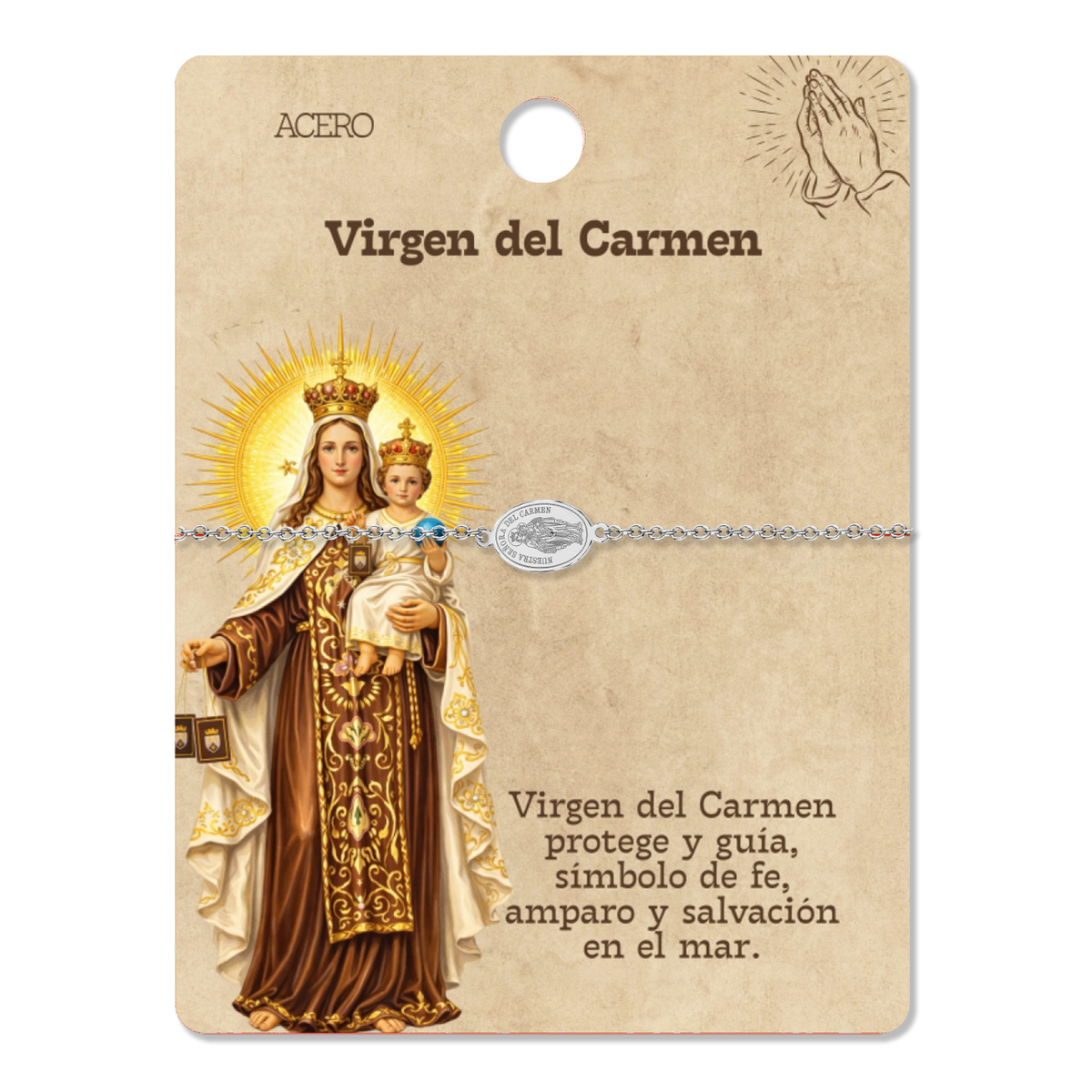 Pulsera Virgen del Carmen, tono plateado, referencia 25720, presentación en tarjeta