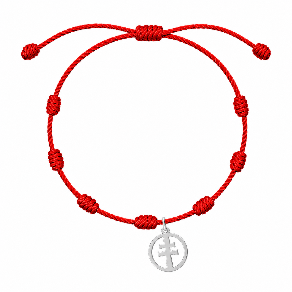 Pulsera Roja 7 Nudos con Medalla Cruz de Caravaca en Acero Dorado