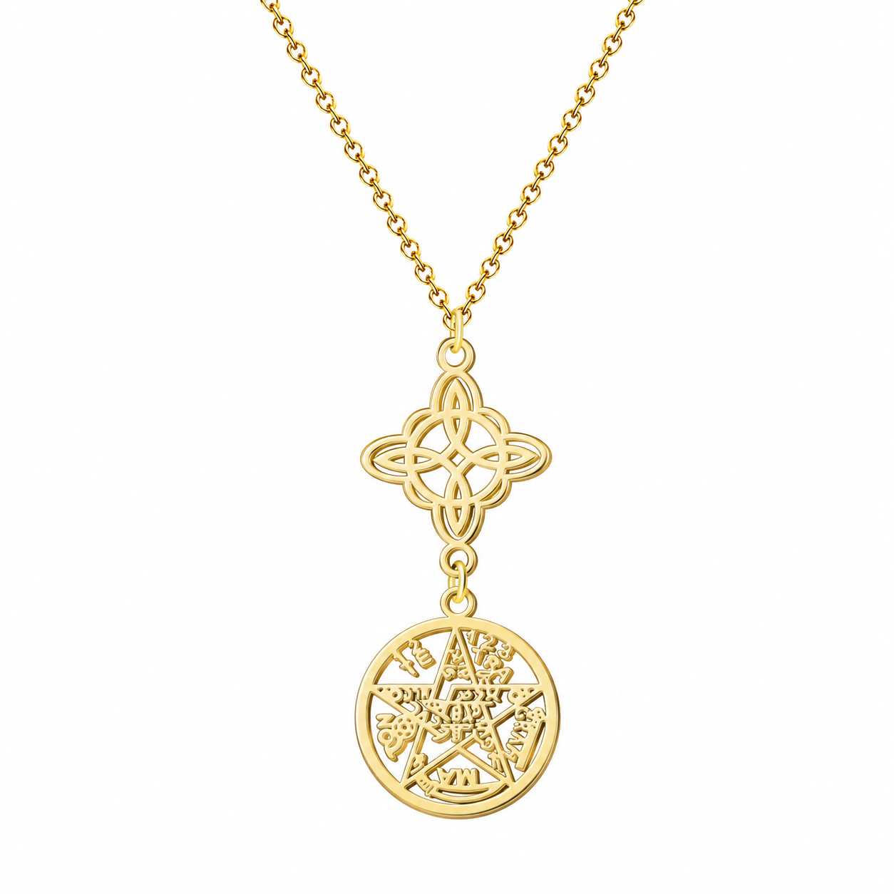 Colgante Nudo de Bruja y Tetragramaton dorado de acero sobre fondo blanco