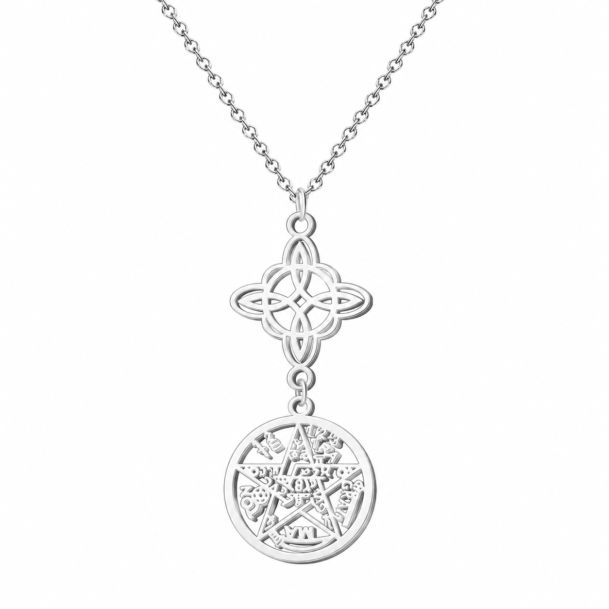 Colgante Nudo de Bruja y Tetragramaton plateado de acero sobre fondo blanco