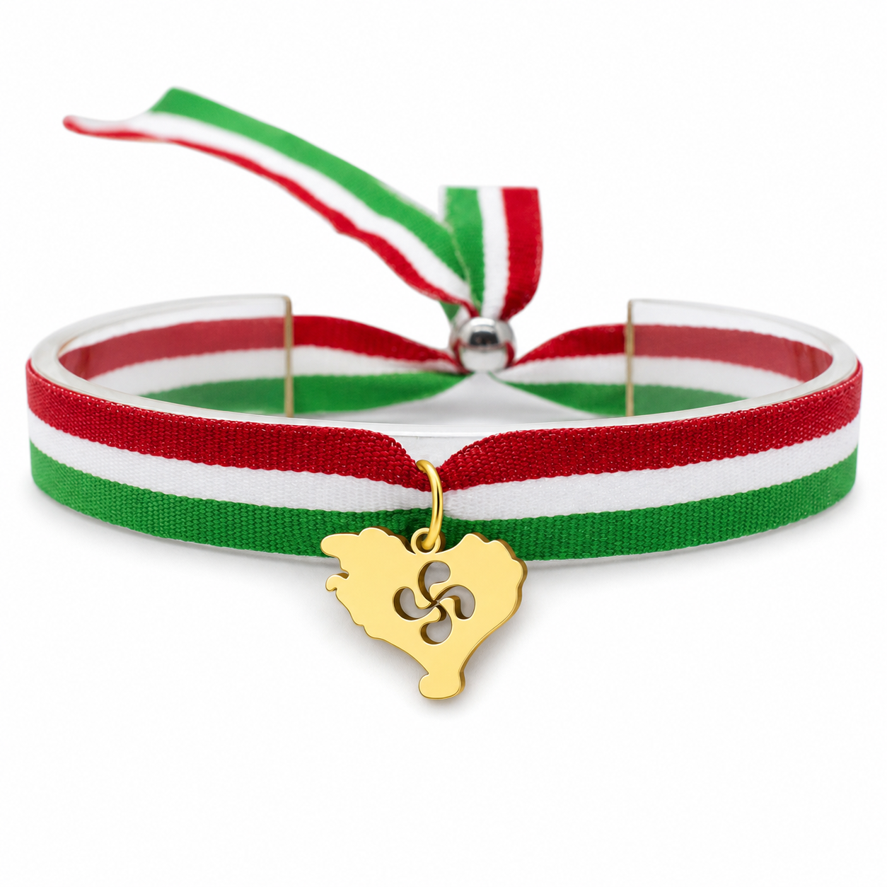Pulsera de tela Ikurriña con colgante dorado de mapa de Euskal Herria y Lauburu