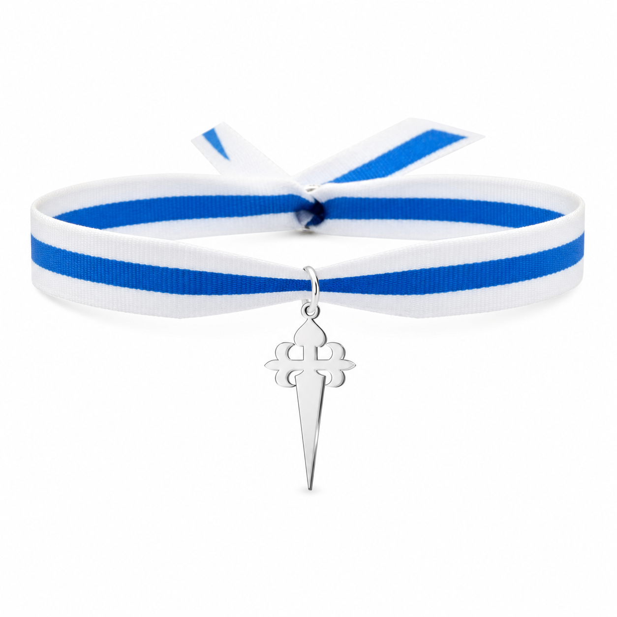 Pulsera de tela blanca y azul con Cruz de Santiago plateada