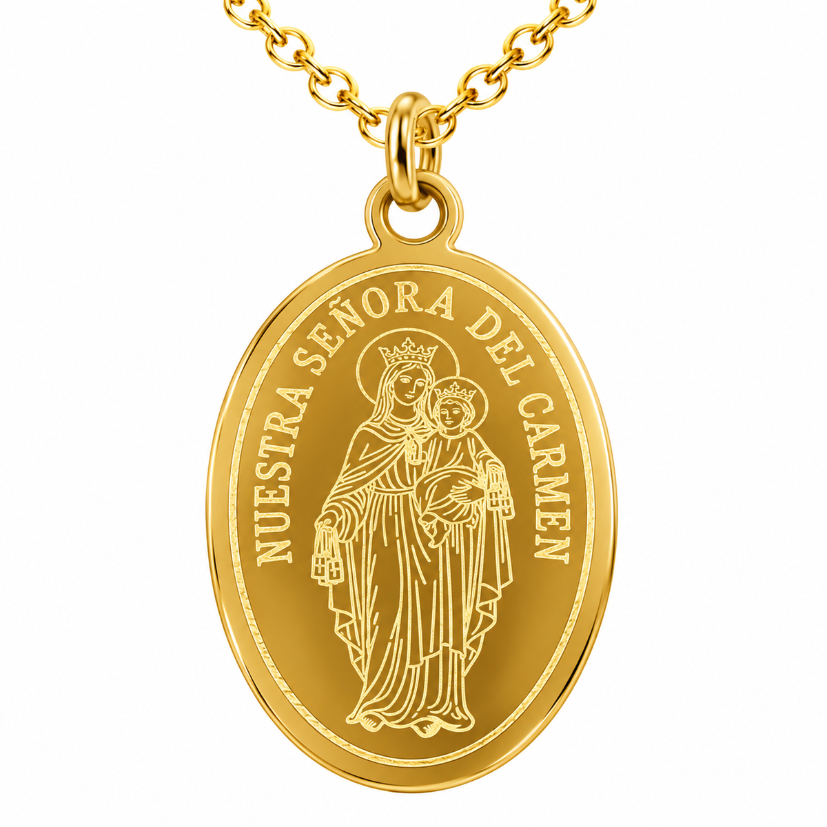 Collar Virgen del Carmen dorado, detalle del motivo y las uniones