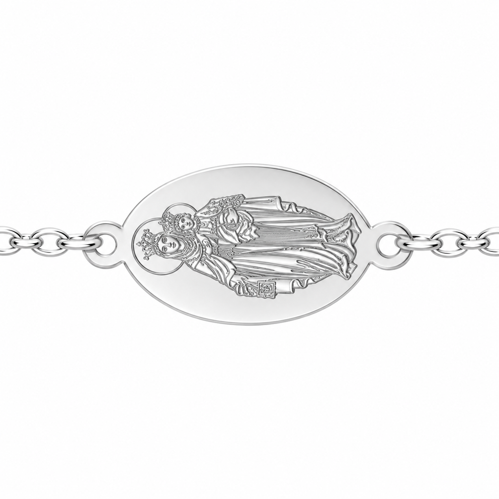 Pulsera Virgen del Carmen plateado, detalle del motivo y las uniones