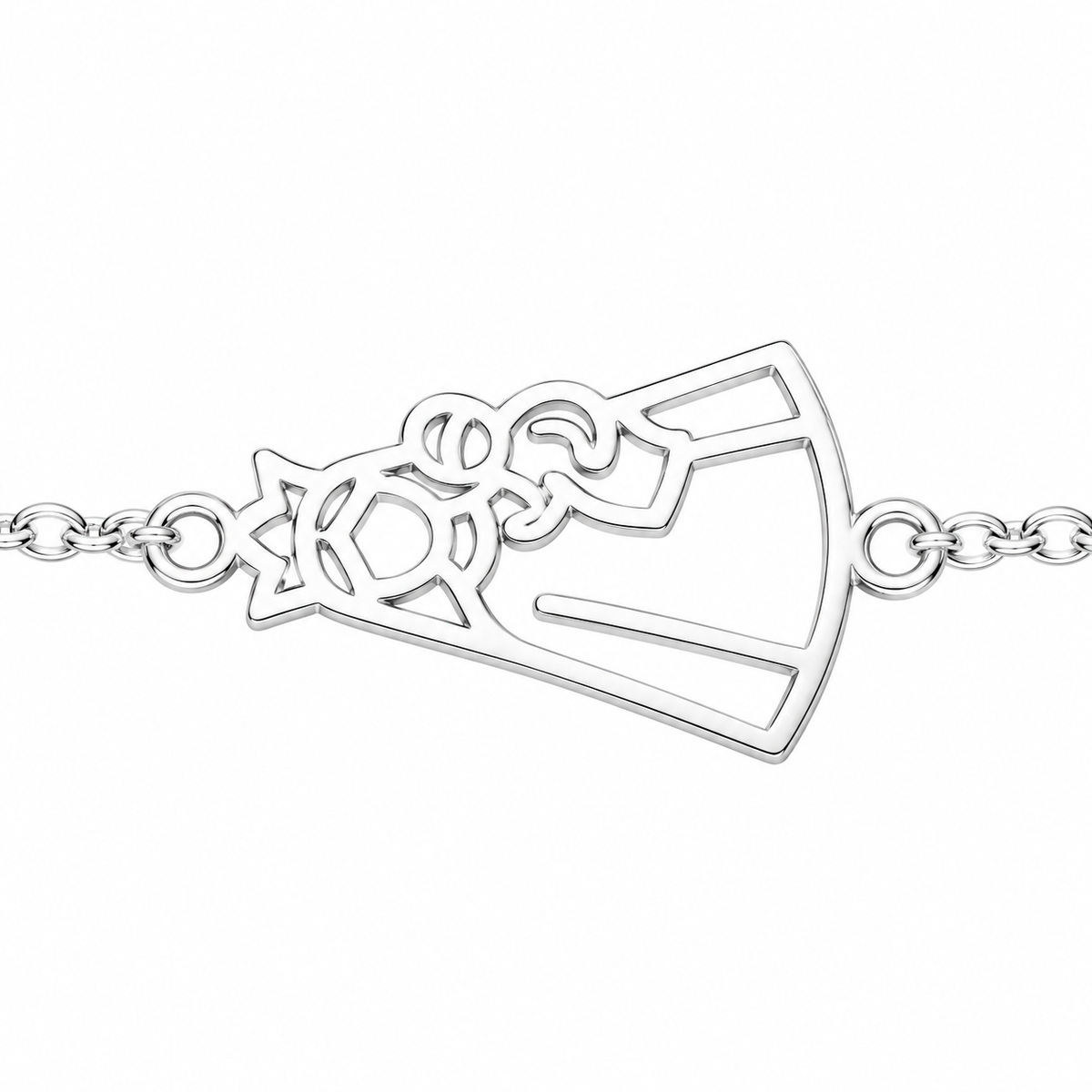 Pulsera Virgen del Carmen plateado, detalle del motivo y las uniones