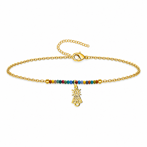 Pulsera Virgen del Pilar multicolor de acero dorado sobre fondo blanco