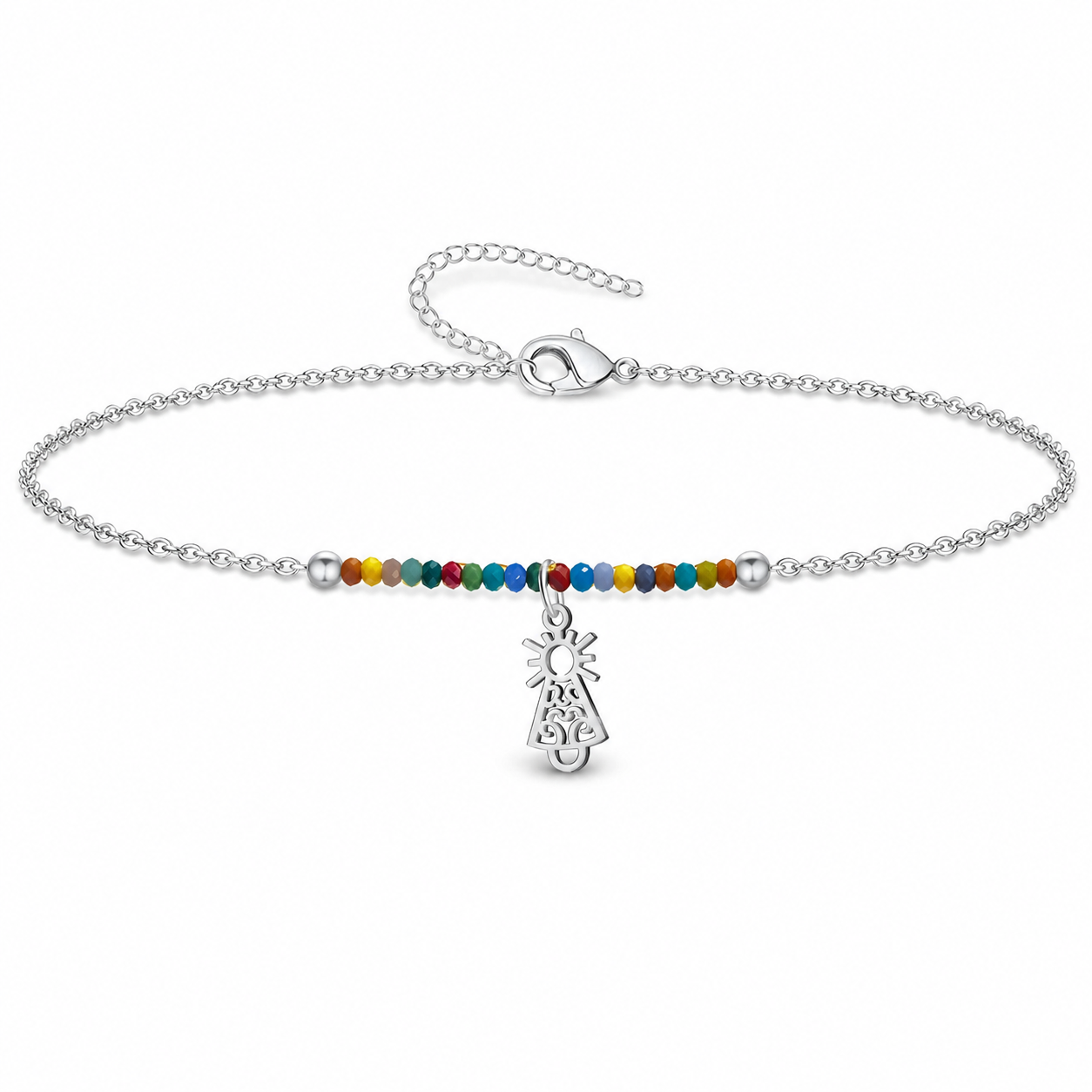 Pulsera Virgen del Pilar multicolor de acero plateado sobre fondo blanco
